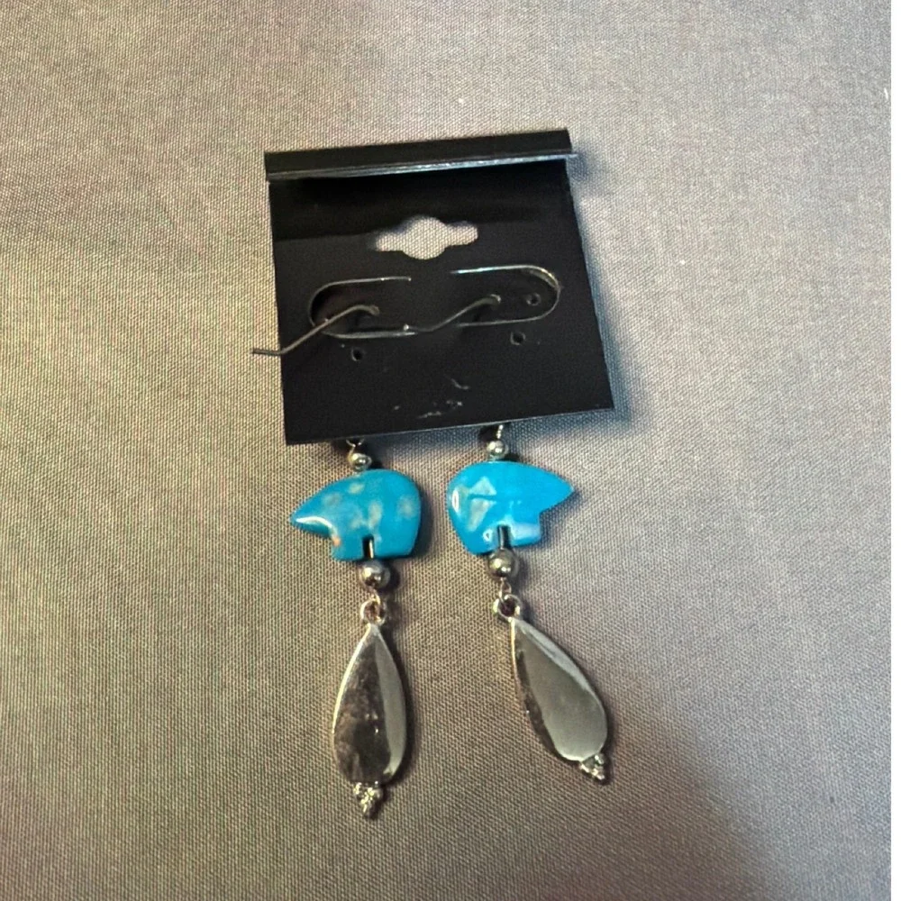 Southwestern Turquoise Bear Fetish Geometric Inlay Teardrop Dangle Earrings